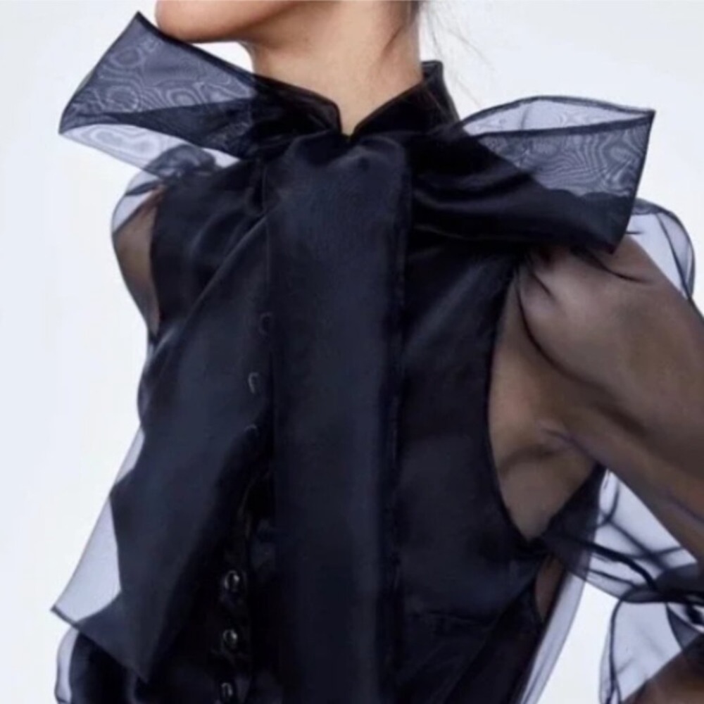 ZARA Black Sheer PussyBow Tie Neck Long Sleeve Blouse Top